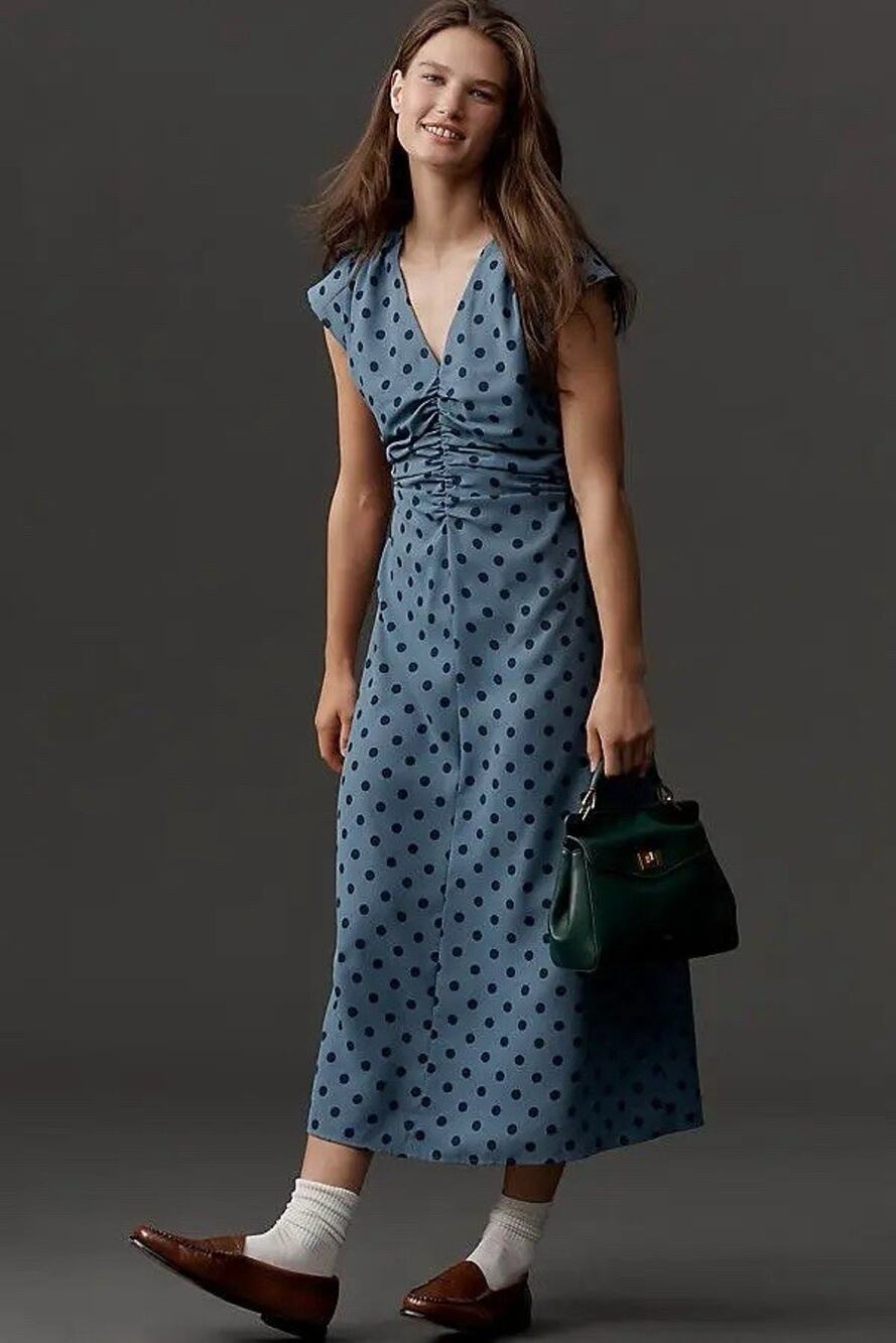 NWT Lisa Says Gah Oxford Dot Ruched Midi Dress Blue Polka Dot XS